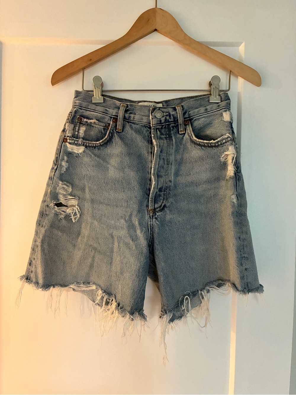 Agolde Light Blue Distressed Denim Stella Shorts